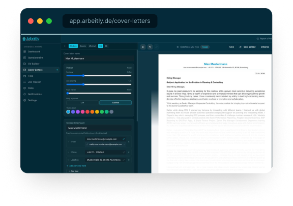 Cover Letters Interface